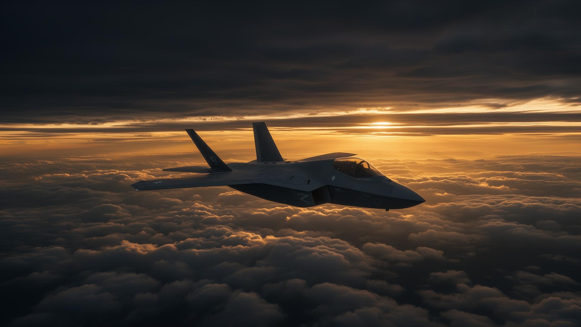 Stealth fighter at dawn